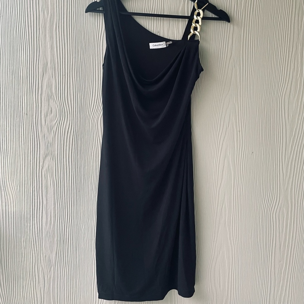 Calvin Klein little black dress with gold chain strap